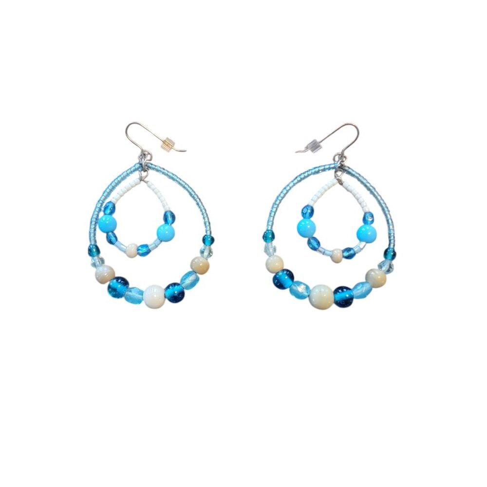 Double Loop Blue Beaded Drop Earrings